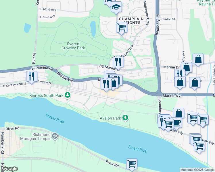 map of restaurants, bars, coffee shops, grocery stores, and more near 8533 River District Crossing in Vancouver