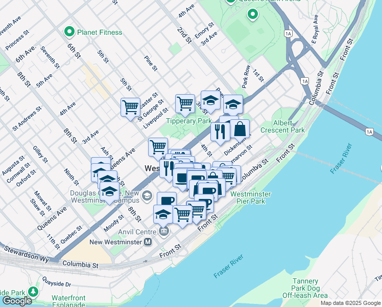 map of restaurants, bars, coffee shops, grocery stores, and more near in New Westminster