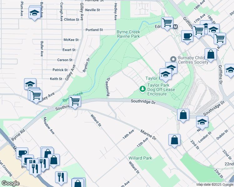 map of restaurants, bars, coffee shops, grocery stores, and more near 6448 Stride Avenue in Burnaby