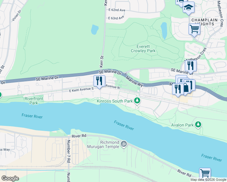 map of restaurants, bars, coffee shops, grocery stores, and more near 3163 Riverwalk Avenue in Vancouver