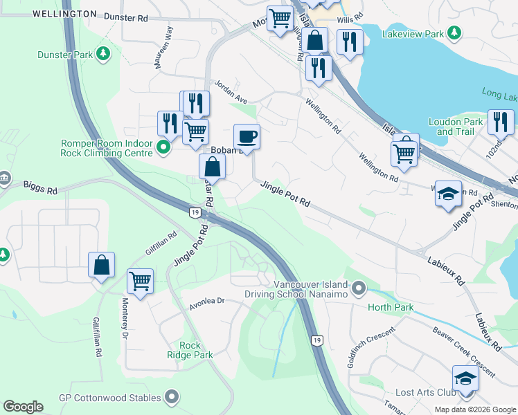 map of restaurants, bars, coffee shops, grocery stores, and more near 4128 Emerald Woods Place in Nanaimo