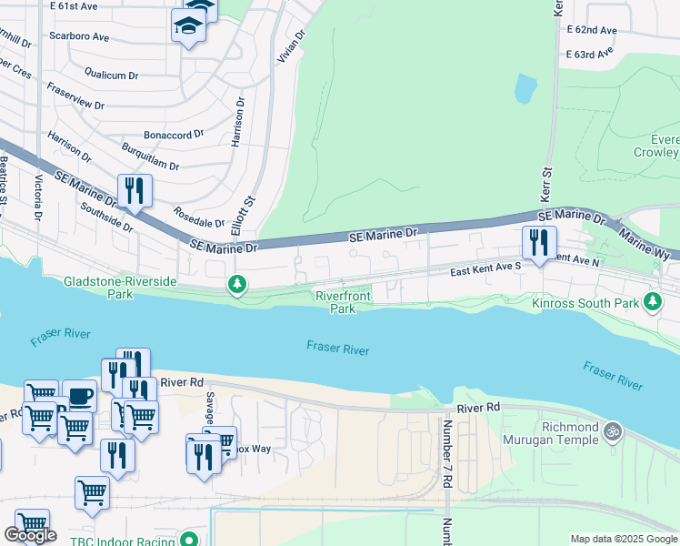 map of restaurants, bars, coffee shops, grocery stores, and more near 2713 East Kent Avenue North in Vancouver