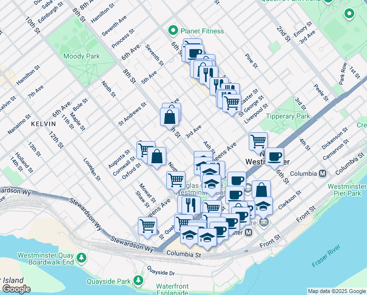 map of restaurants, bars, coffee shops, grocery stores, and more near 236 8th Street in New Westminster