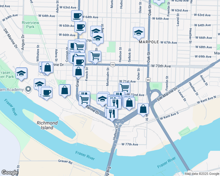 map of restaurants, bars, coffee shops, grocery stores, and more near 8726 Montcalm Street in Vancouver