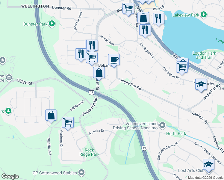 map of restaurants, bars, coffee shops, grocery stores, and more near 4100 Emerald Woods Place in Nanaimo