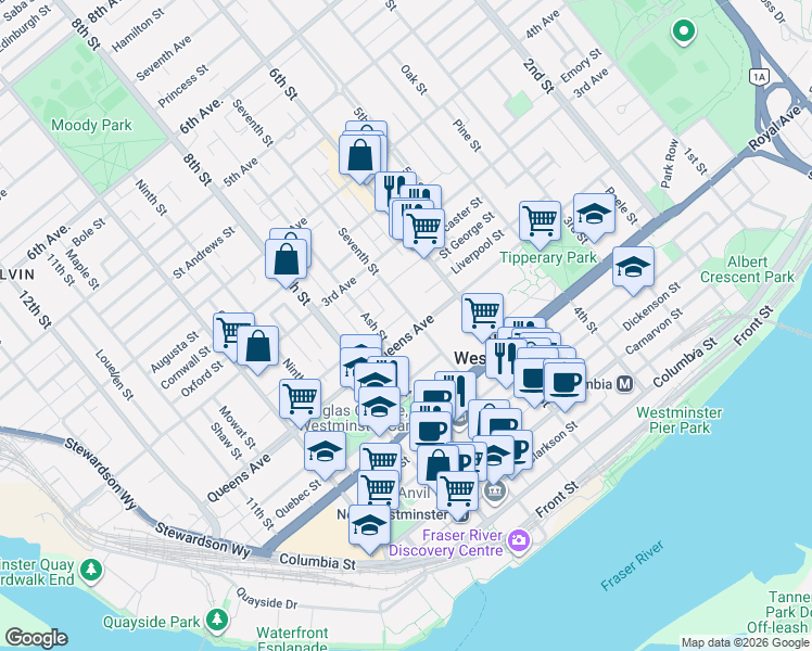 map of restaurants, bars, coffee shops, grocery stores, and more near 705 Queens Avenue in New Westminster
