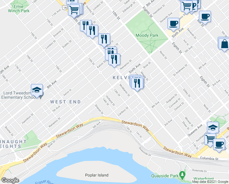 map of restaurants, bars, coffee shops, grocery stores, and more near 526 Thirteenth Street in New Westminster