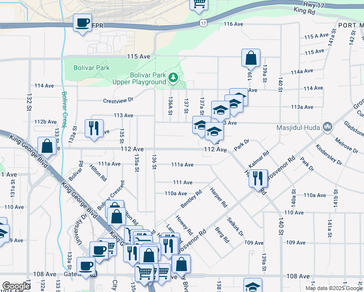 map of restaurants, bars, coffee shops, grocery stores, and more near 13687 112 Avenue in Surrey