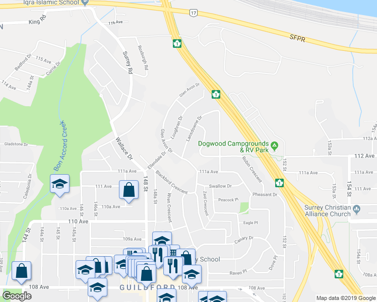 map of restaurants, bars, coffee shops, grocery stores, and more near 11220 Lansdowne Drive in Surrey