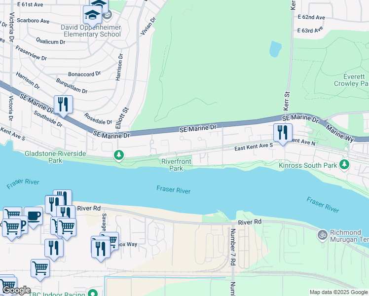 map of restaurants, bars, coffee shops, grocery stores, and more near 40 East Kent Avenue North in Vancouver