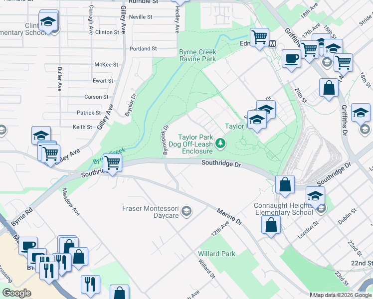 map of restaurants, bars, coffee shops, grocery stores, and more near 6438 Byrnepark Drive in Burnaby