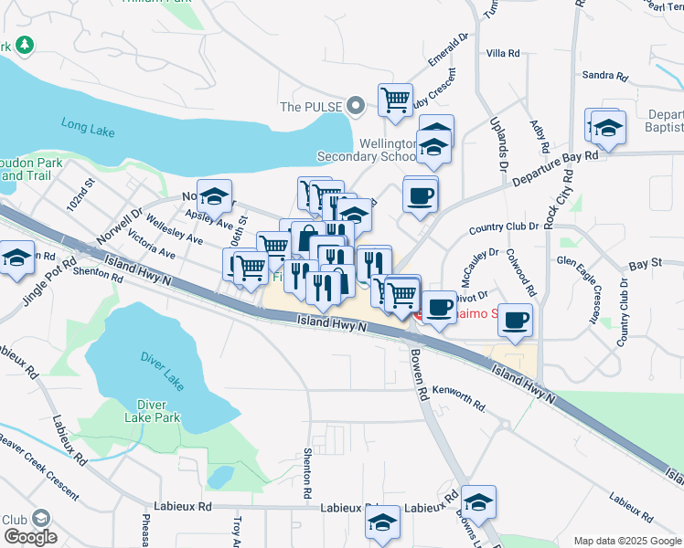 map of restaurants, bars, coffee shops, grocery stores, and more near in Nanaimo