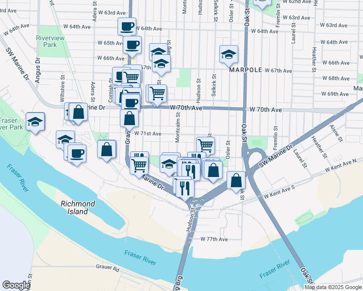 map of restaurants, bars, coffee shops, grocery stores, and more near 8726 Montcalm Street in Vancouver
