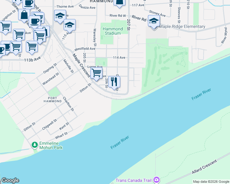 map of restaurants, bars, coffee shops, grocery stores, and more near 20645 Maple Crescent in Maple Ridge