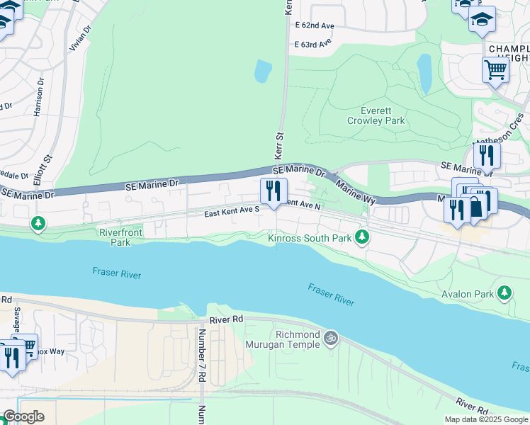 map of restaurants, bars, coffee shops, grocery stores, and more near 3058 East Kent Avenue South in Vancouver