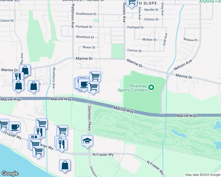 map of restaurants, bars, coffee shops, grocery stores, and more near 8518 Glenlyon Parkway in Burnaby