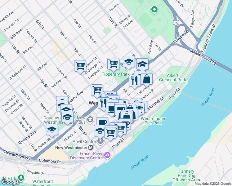 map of restaurants, bars, coffee shops, grocery stores, and more near 500 Royal Avenue in New Westminster