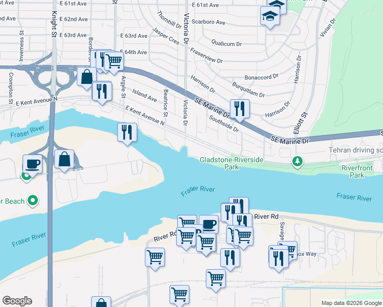 map of restaurants, bars, coffee shops, grocery stores, and more near in Vancouver