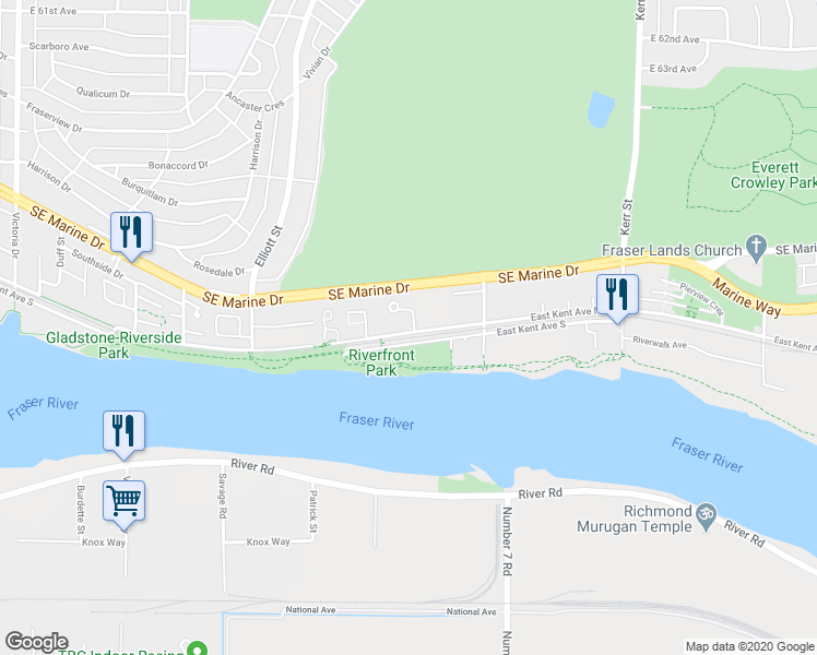 map of restaurants, bars, coffee shops, grocery stores, and more near 2733 East Kent Avenue North in Vancouver