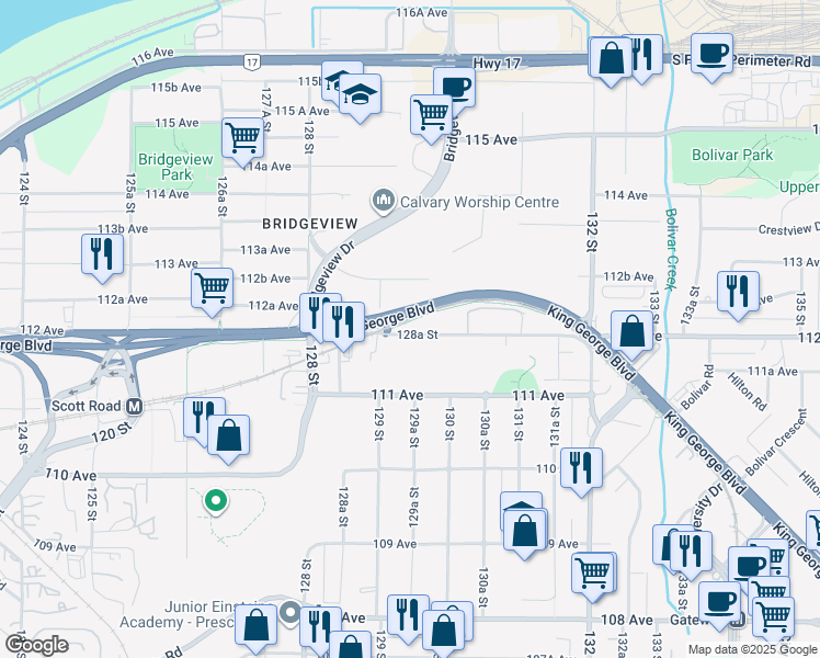 map of restaurants, bars, coffee shops, grocery stores, and more near 12943 112 Avenue in Surrey