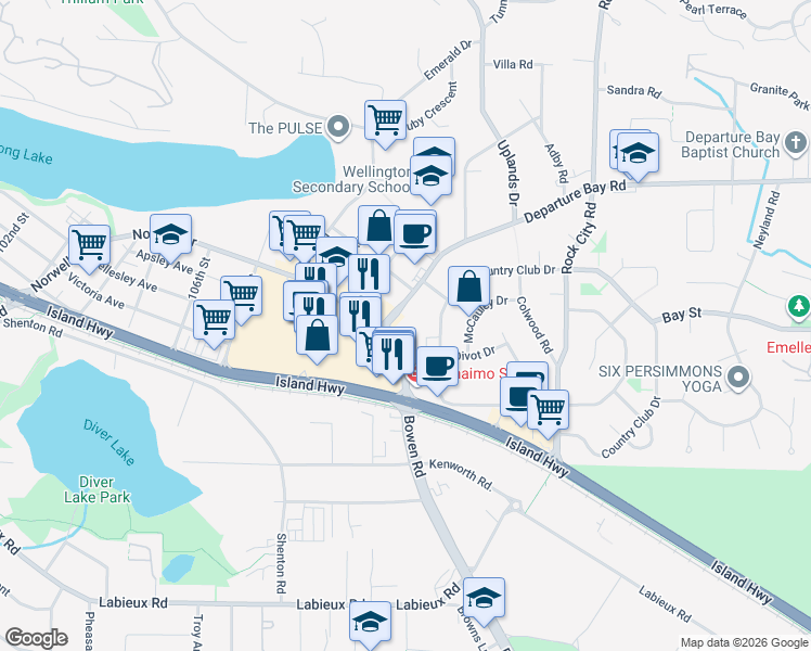 map of restaurants, bars, coffee shops, grocery stores, and more near 4299 Departure Bay Road in Nanaimo