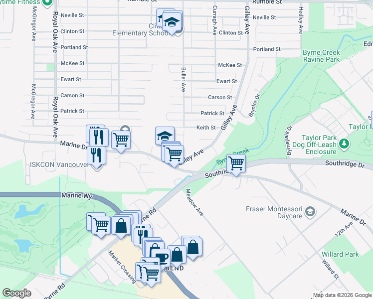map of restaurants, bars, coffee shops, grocery stores, and more near 8608 Buller Avenue in Burnaby