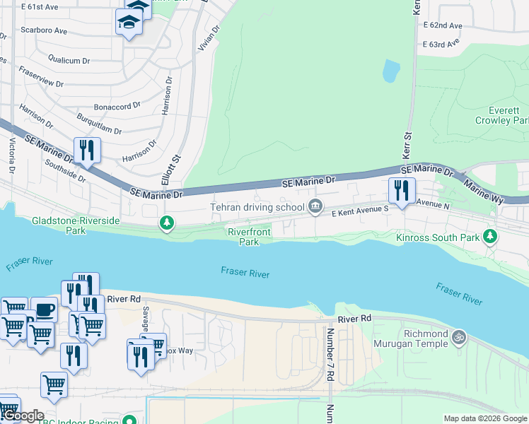 map of restaurants, bars, coffee shops, grocery stores, and more near 2727 East Kent Avenue North in Vancouver