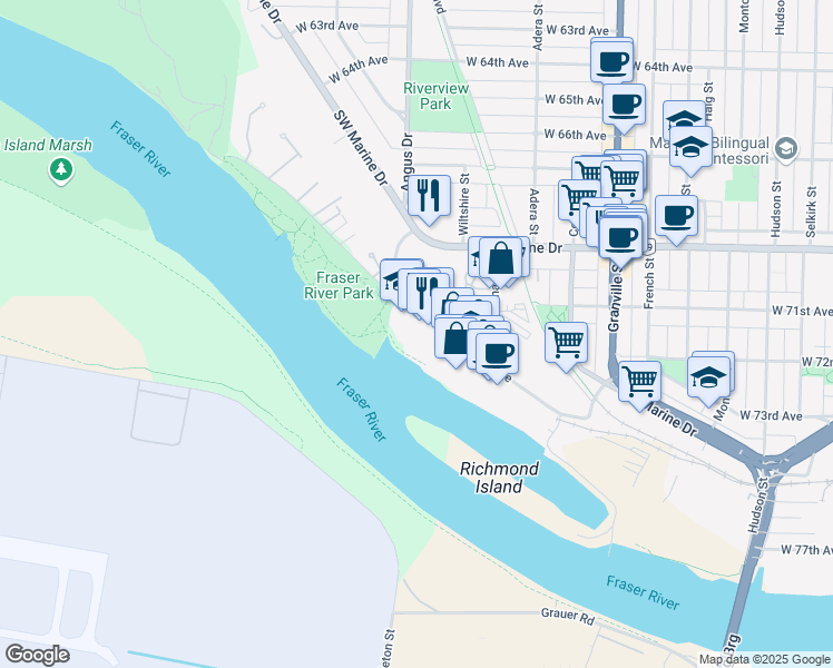 map of restaurants, bars, coffee shops, grocery stores, and more near 1750 W 75 Ave in Vancouver
