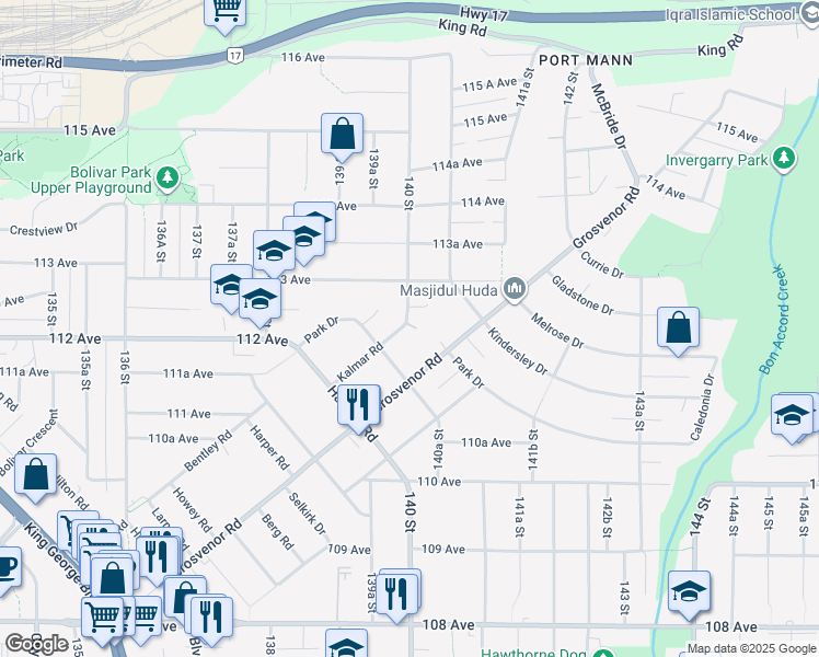 map of restaurants, bars, coffee shops, grocery stores, and more near in Surrey