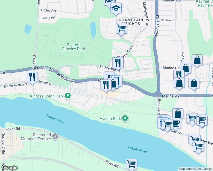 map of restaurants, bars, coffee shops, grocery stores, and more near 8515 River District Crossing in Vancouver