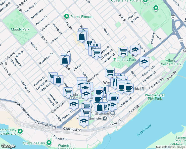 map of restaurants, bars, coffee shops, grocery stores, and more near 202 Seventh Street in New Westminster