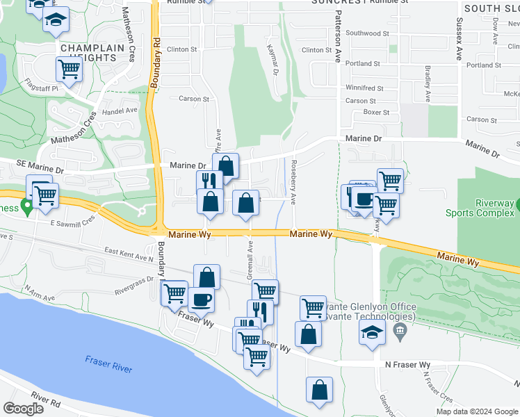 map of restaurants, bars, coffee shops, grocery stores, and more near 8678 Greenall Avenue in Burnaby