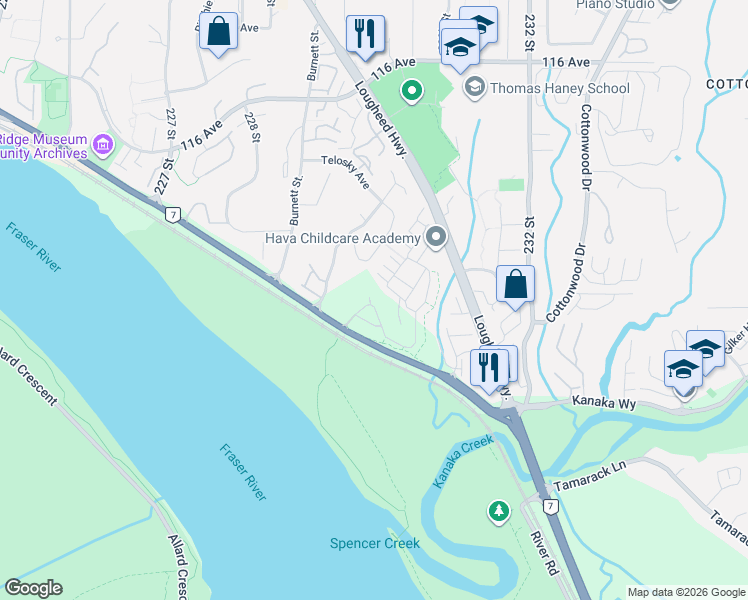 map of restaurants, bars, coffee shops, grocery stores, and more near 11280 Pazarena Place in Maple Ridge