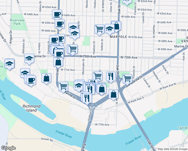 map of restaurants, bars, coffee shops, grocery stores, and more near 8726 Hudson Street in Vancouver