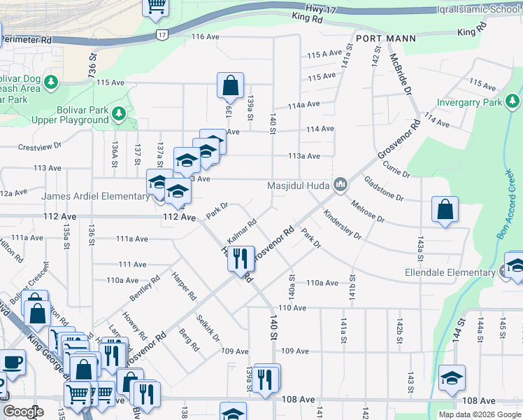 map of restaurants, bars, coffee shops, grocery stores, and more near 13979 Kalmar Road in Surrey