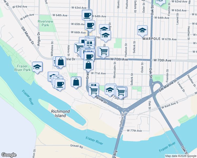 map of restaurants, bars, coffee shops, grocery stores, and more near 8738 French Street in Vancouver