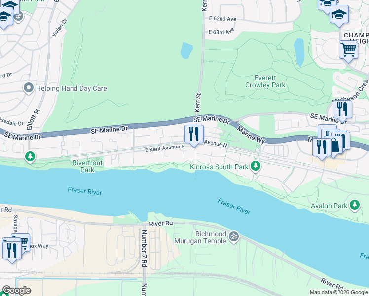 map of restaurants, bars, coffee shops, grocery stores, and more near 3058 East Kent Avenue South in Vancouver