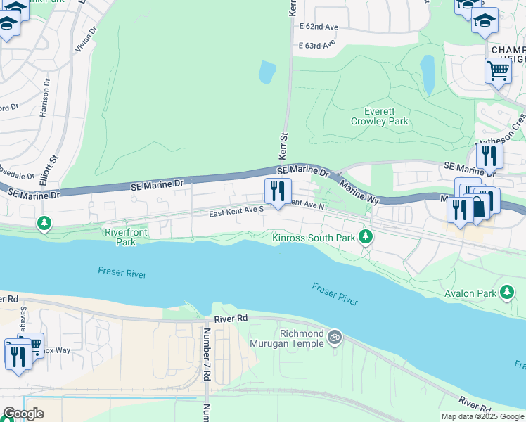 map of restaurants, bars, coffee shops, grocery stores, and more near 3052 East Kent Avenue South in Vancouver