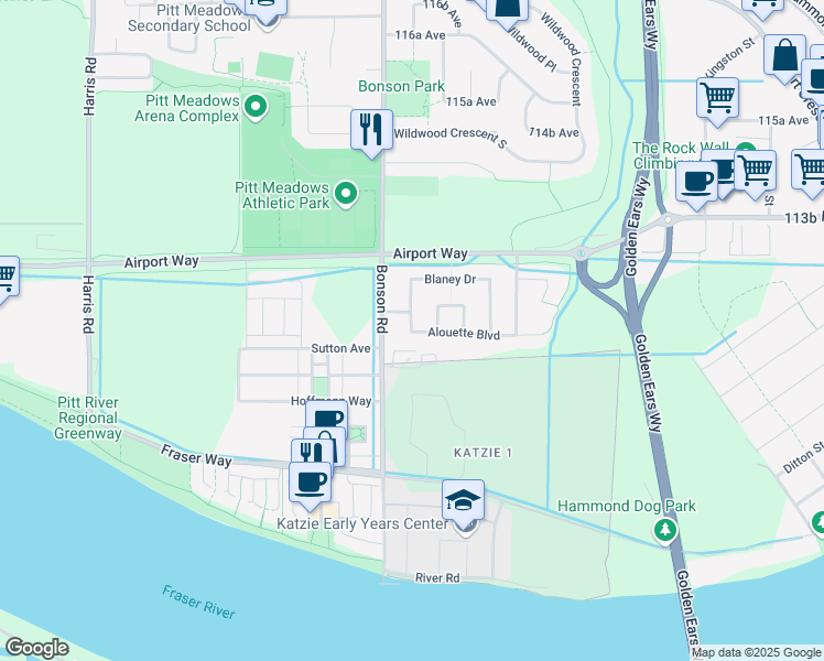 map of restaurants, bars, coffee shops, grocery stores, and more near 11222 Blaney Way in Pitt Meadows