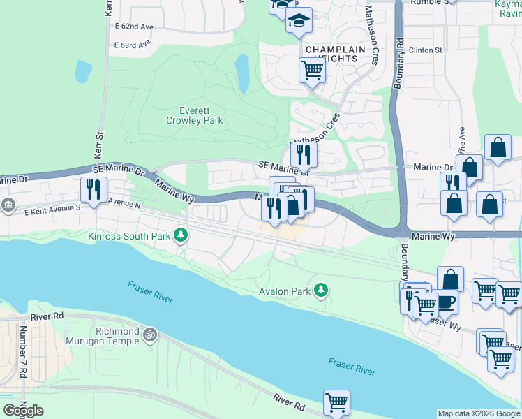 map of restaurants, bars, coffee shops, grocery stores, and more near 3451 Sawmill Crescent in Vancouver
