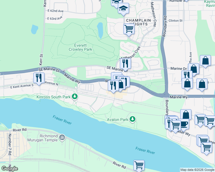 map of restaurants, bars, coffee shops, grocery stores, and more near 3451 Sawmill Crescent in Vancouver