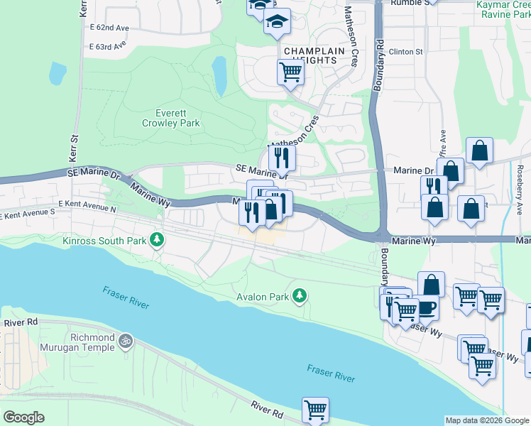 map of restaurants, bars, coffee shops, grocery stores, and more near 8538 River District Crossing in Vancouver