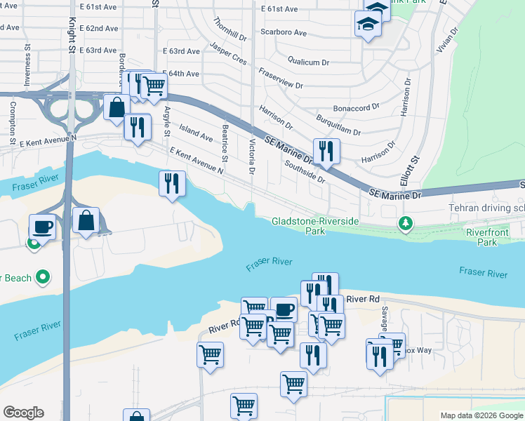 map of restaurants, bars, coffee shops, grocery stores, and more near 2020 East Kent Avenue South in Vancouver
