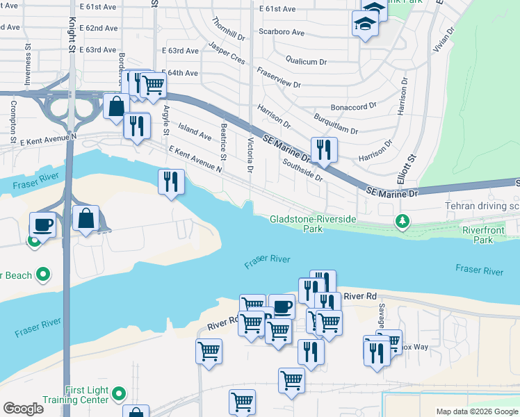 map of restaurants, bars, coffee shops, grocery stores, and more near 2020 East Kent Avenue South in Vancouver
