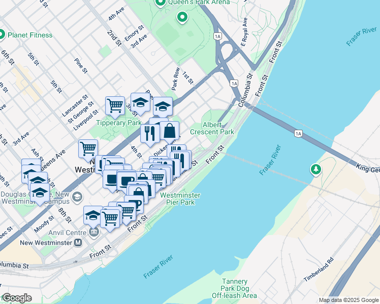 map of restaurants, bars, coffee shops, grocery stores, and more near 103 Clarkson Street in New Westminster