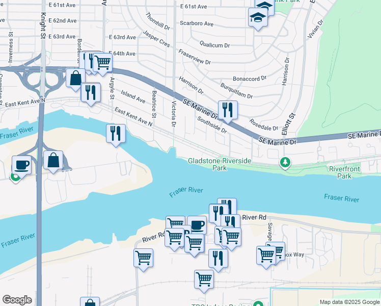 map of restaurants, bars, coffee shops, grocery stores, and more near 2080 East Kent Avenue South in Vancouver