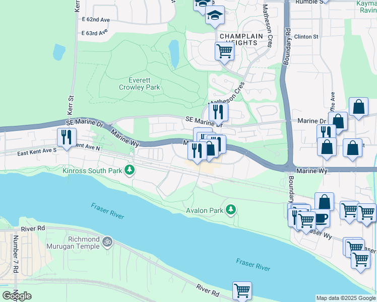 map of restaurants, bars, coffee shops, grocery stores, and more near 3451 West Sawmill Crescent in Vancouver