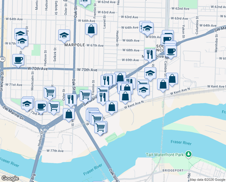 map of restaurants, bars, coffee shops, grocery stores, and more near 8729 Heather Street in Vancouver