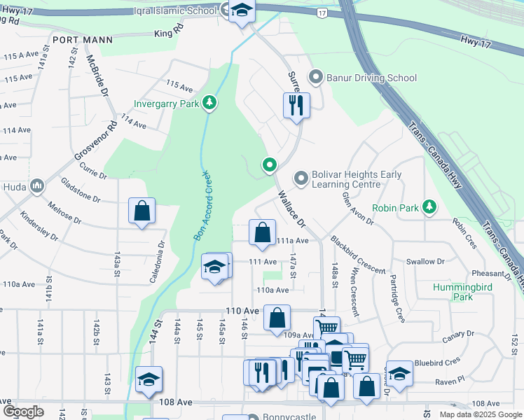 map of restaurants, bars, coffee shops, grocery stores, and more near 11252 Dumbarton Road in Surrey