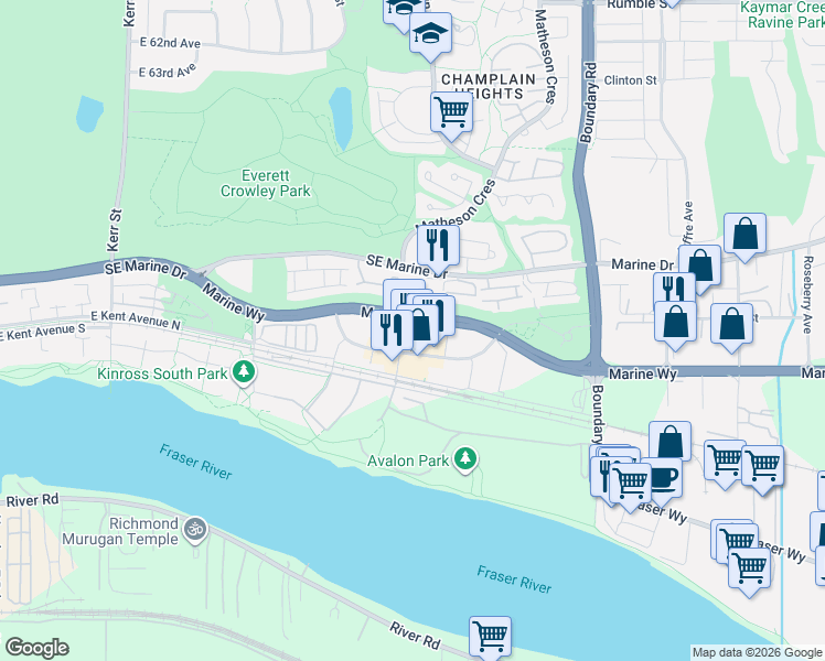 map of restaurants, bars, coffee shops, grocery stores, and more near 8538 River District Crossing in Vancouver